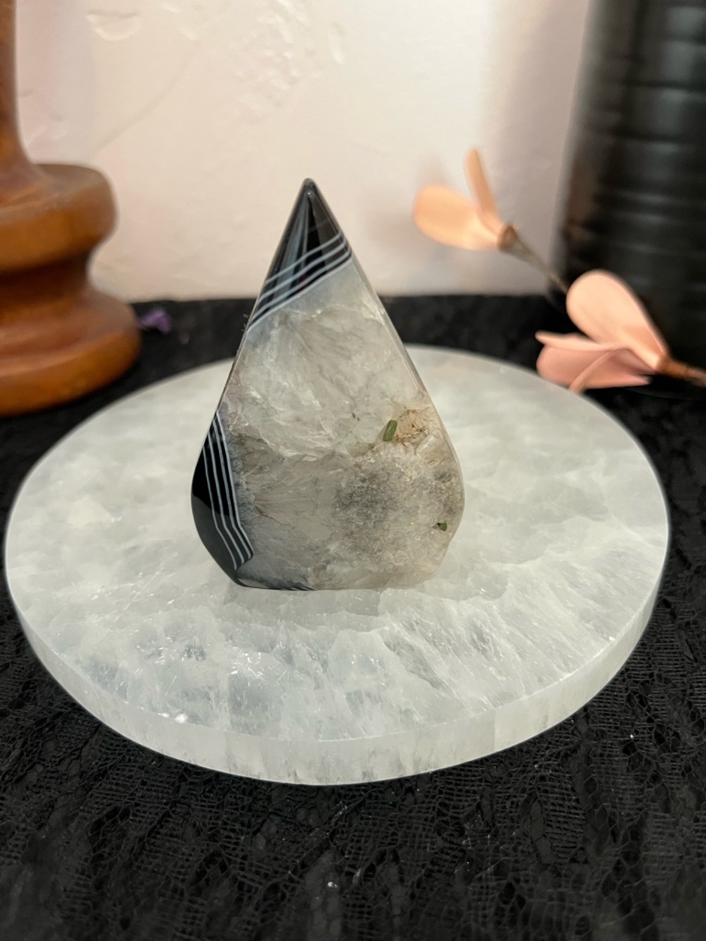 Polished Black Agate Teardrop Gemstone Display Piece - Clear and Black